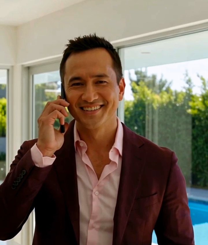 Kiri on the phone with buyer agents, poolside at a listing